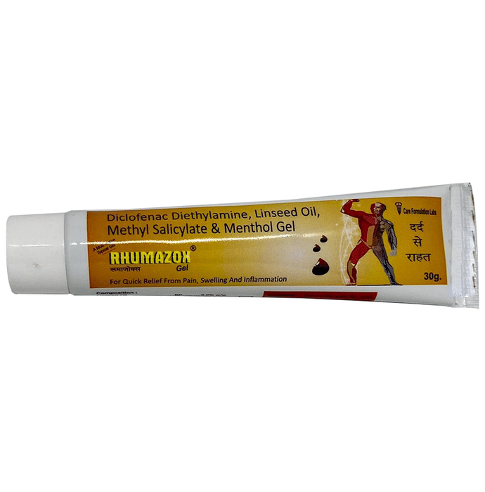 Rhumazox Gel    Diclofenac diethylamine 1.16% w/w + Linseed Oil 3% w/w + Methyl Salicylate 10% w/w +