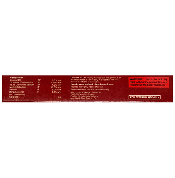 Rhumazox Gel    Diclofenac diethylamine 1.16% w/w + Linseed Oil 3% w/w + Methyl Salicylate 10% w/w +