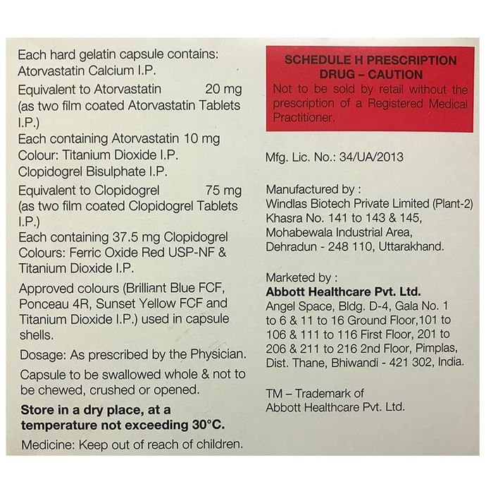 Caat CV 20 Capsule    Atorvastatin 20mg + Clopidogrel 75mg