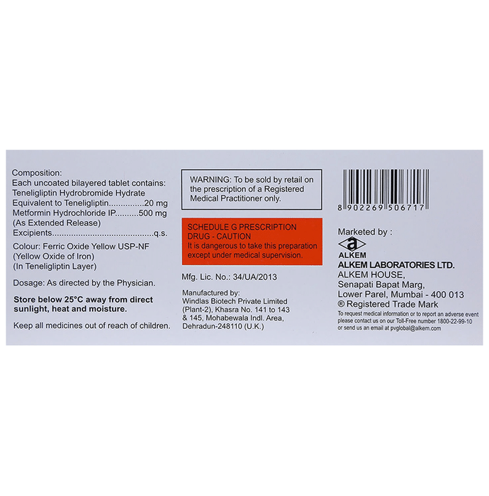 Teglipt M 500mg/20mg Tablet    Metformin 500mg + Teneligliptin 20mg