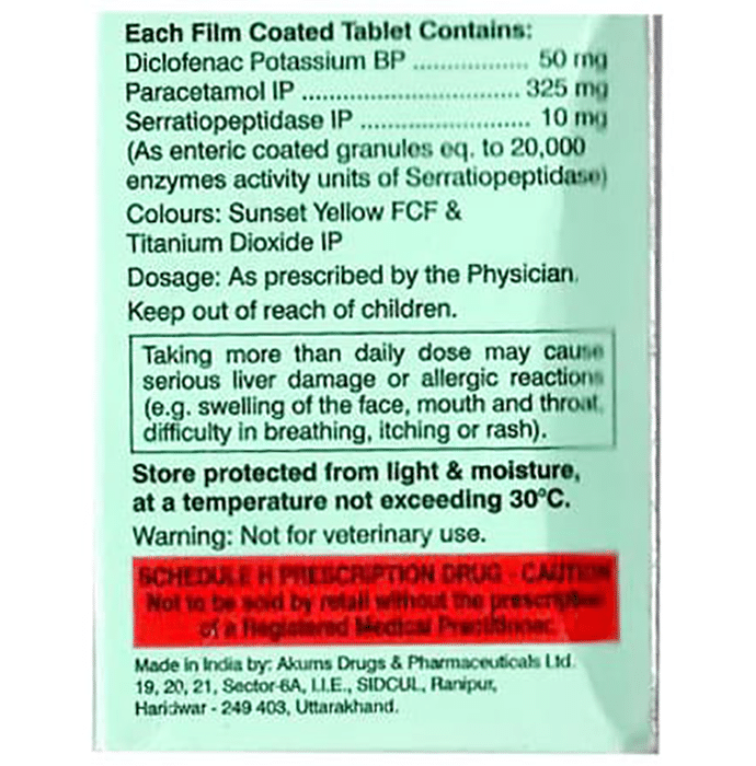 Diclotal Plus SP Tablet    Diclofenac 50mg + Paracetamol 325mg + Serratiopeptidase 10mg
