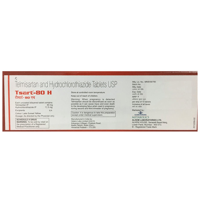 Tsart 80 H Tablet    Telmisartan 80mg + Hydrochlorothiazide 12.5mg