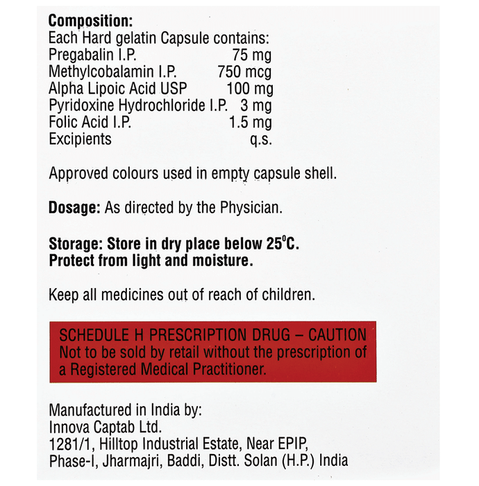 Dubinor PM Capsule    Alpha Lipoic Acid 100mg + Folic Acid 1.5mg + Methylcobalamin 750mcg + Pregabal