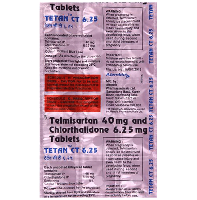 Tetan CT 6.25 Tablet    Telmisartan 40mg + Chlorthalidone 6.25mg