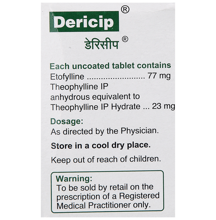 Dericip 77mg/23mg Tablet    Etofylline 77mg + Theophylline 23mg
