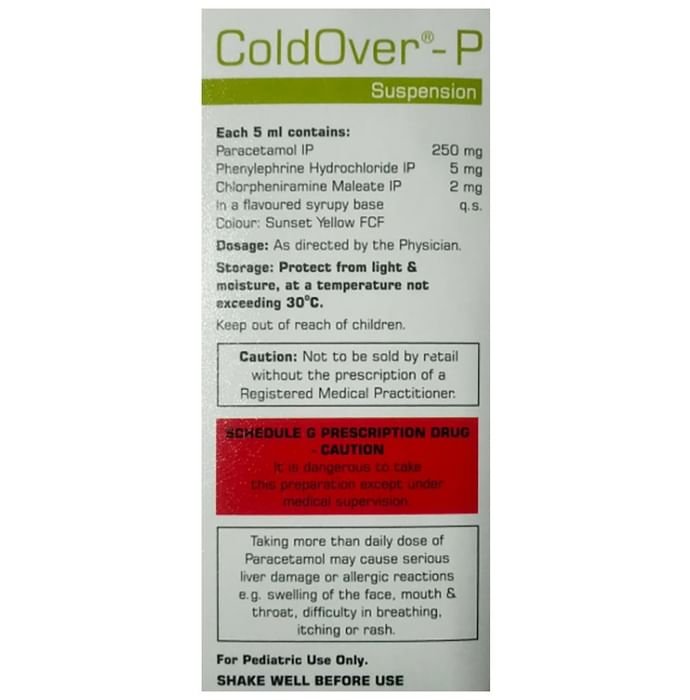 Coldover-P Oral Suspension Orange    Chlorpheniramine Maleate 2mg + Paracetamol 250mg + Phenylephrin