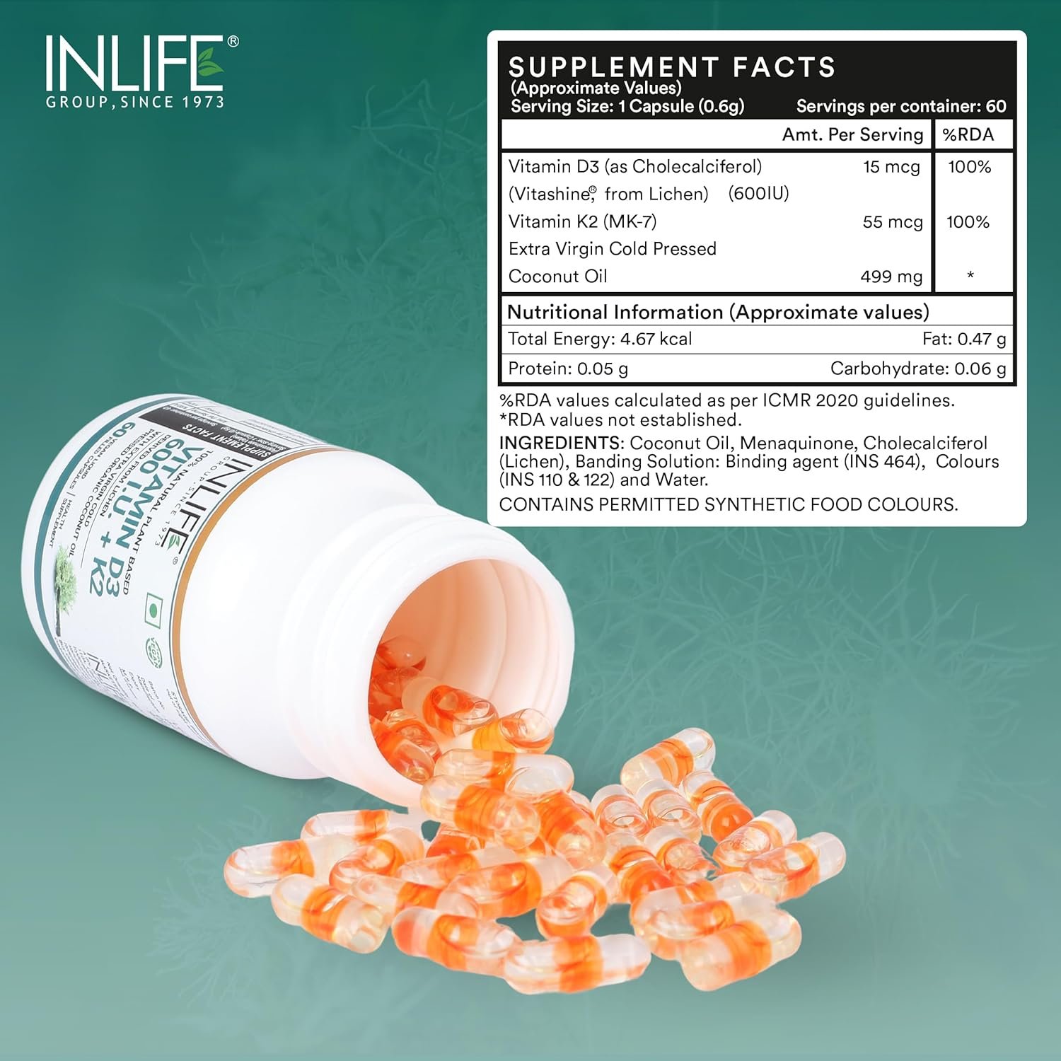Inlife Plant Based Vitamin D3 600I.U. + K2 for Bones, Teeth & Immunity | Liquid Filled Capsule