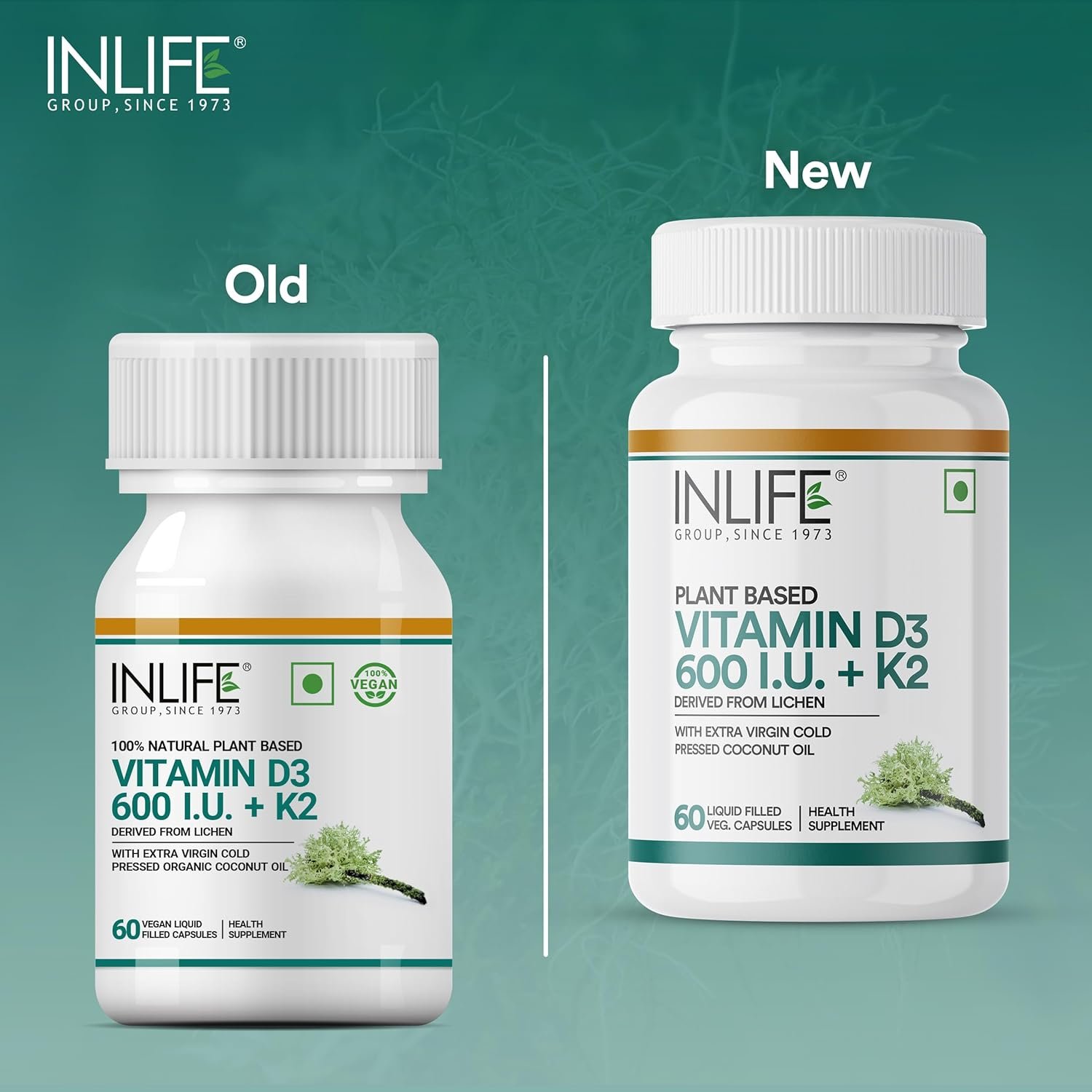 Inlife Plant Based Vitamin D3 600I.U. + K2 for Bones, Teeth & Immunity | Liquid Filled Capsule