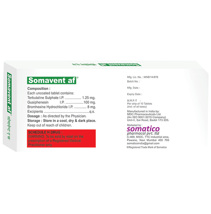 Somavent AF Tablet Terbutaline 1.25mg + Bromhexine 8mg + Guaifenesin 100mg