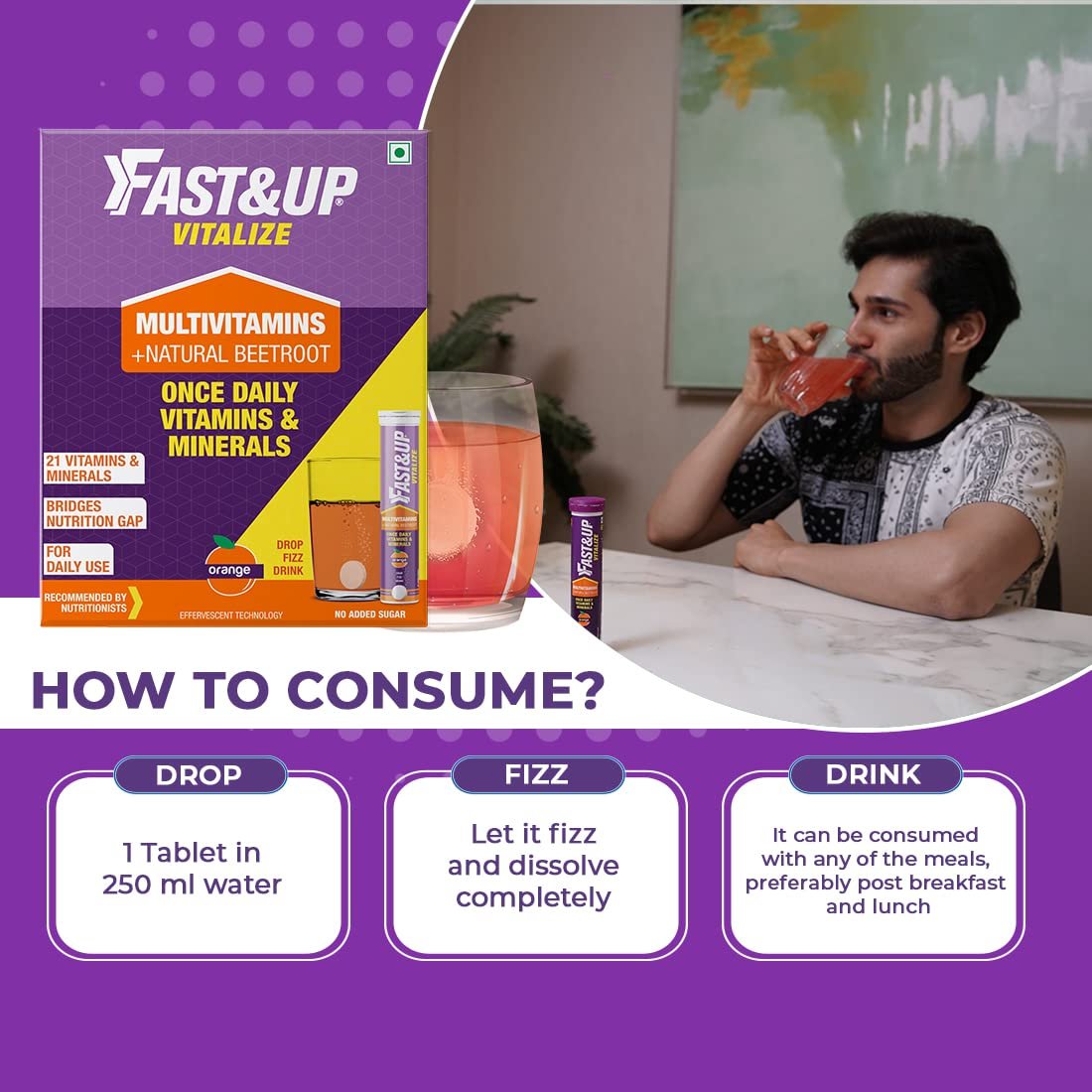 Fast&Up Vitalize Multivitamins + Natural Beetroot for Nutrition | No Added Sugar | Flavour Orange Effervescent Tablet|1 combo Pack